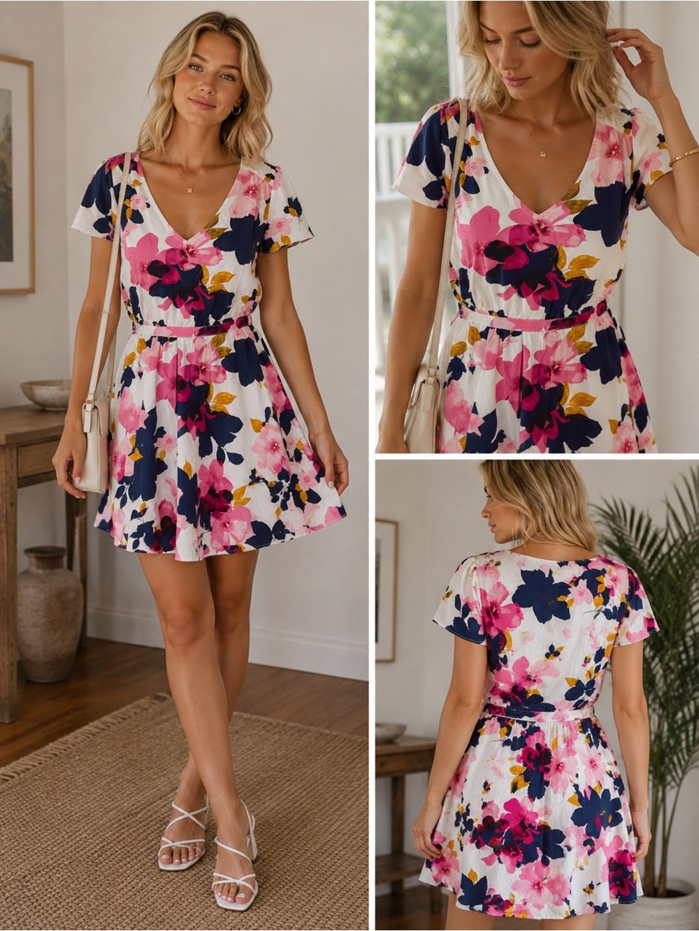 NWT Old Navy Floral Fit & Flare Dress Women’s Small White Pink Navy Short Sleeve